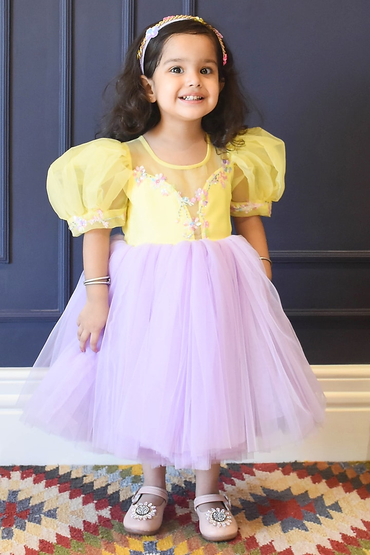 Yellow & Lilac Embroidered Frock Dress For Girls by Fayon Kids
