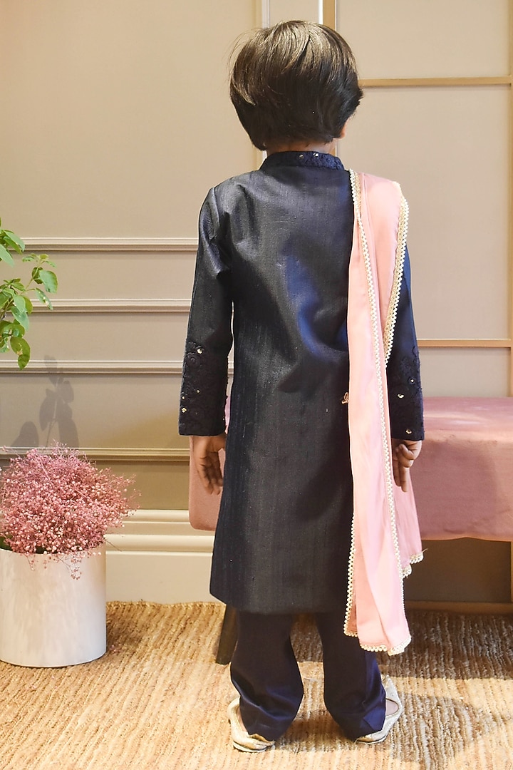 Blue Silk Embroidered Achkan Set For Boys by Fayon Kids at Pernia's Pop Up Shop