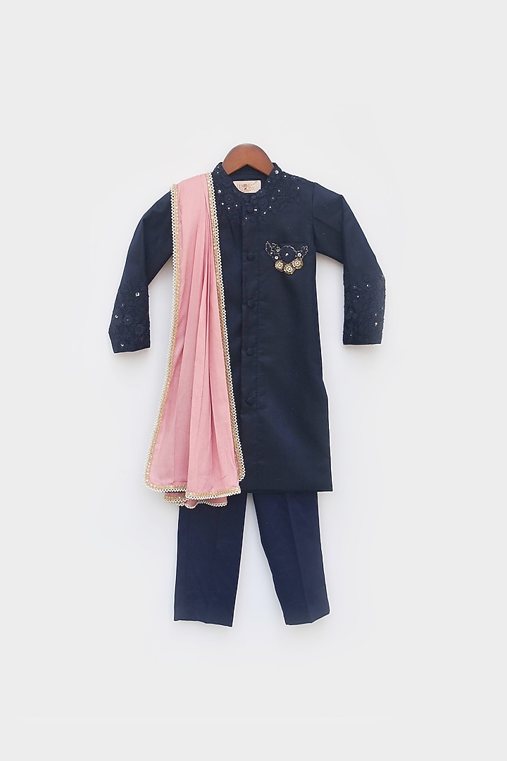 Blue Silk Embroidered Achkan Set For Boys by Fayon Kids at Pernia's Pop Up Shop