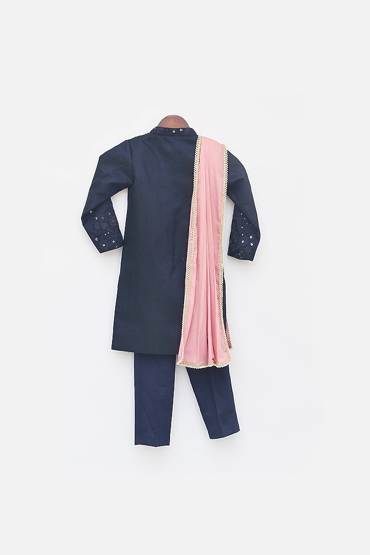 Blue Silk Embroidered Achkan Set For Boys by Fayon Kids at Pernia's Pop Up Shop