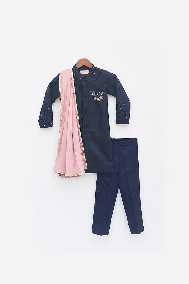 Blue Silk Embroidered Achkan Set For Boys by Fayon Kids at Pernia's Pop Up Shop