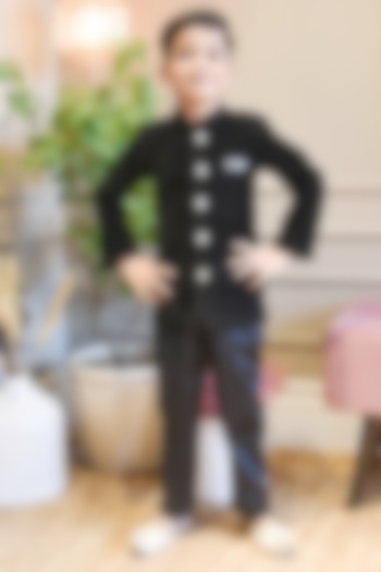 Black Velvet & Suiting Bandhgala Set For Boys by Fayon Kids at Pernia's Pop Up Shop