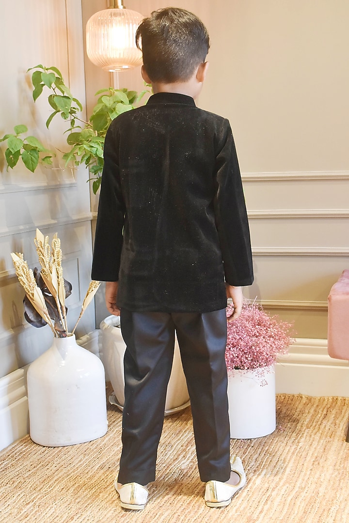 Black Velvet & Suiting Bandhgala Set For Boys by Fayon Kids at Pernia's Pop Up Shop