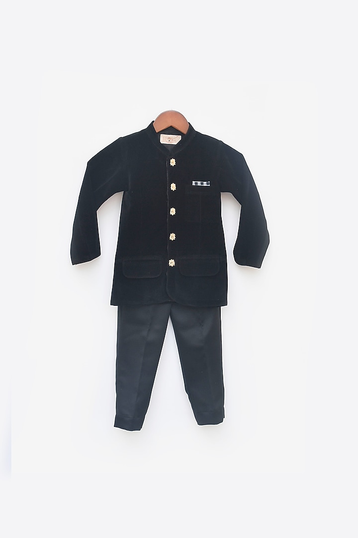 Black Velvet & Suiting Bandhgala Set For Boys by Fayon Kids at Pernia's Pop Up Shop