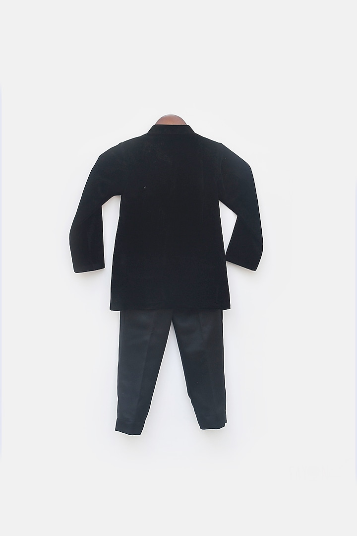 Black Velvet & Suiting Bandhgala Set For Boys by Fayon Kids at Pernia's Pop Up Shop