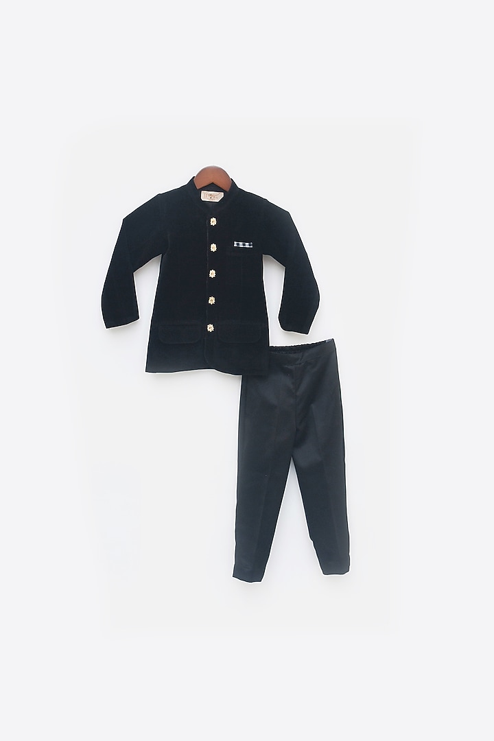 Black Velvet & Suiting Bandhgala Set For Boys by Fayon Kids at Pernia's Pop Up Shop