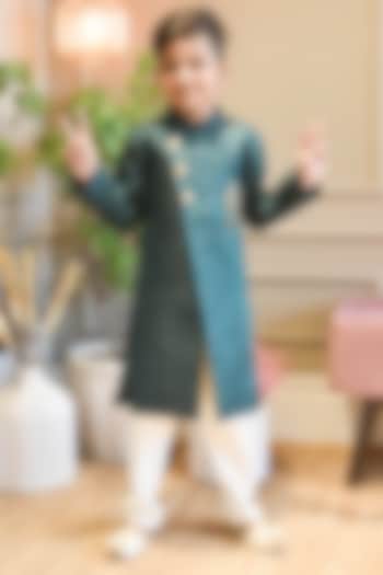 Green Silk Achkan Set For Boys by Fayon Kids at Pernia's Pop Up Shop