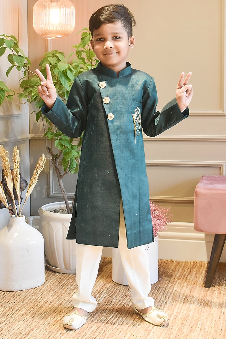 Green Silk Achkan Set For Boys by Fayon Kids at Pernia's Pop Up Shop