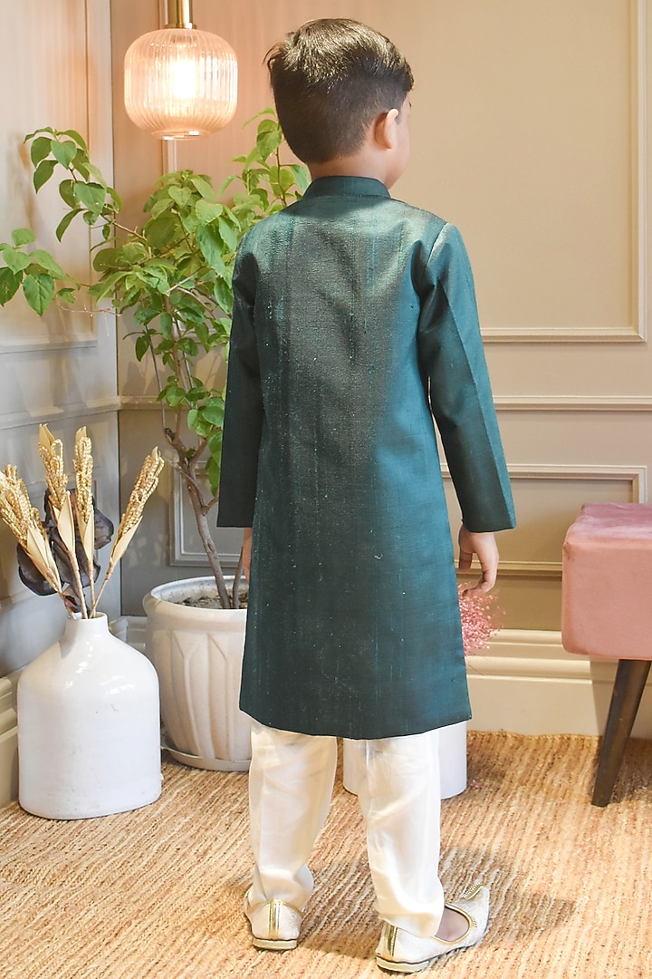 Green Silk Achkan Set For Boys by Fayon Kids at Pernia's Pop Up Shop