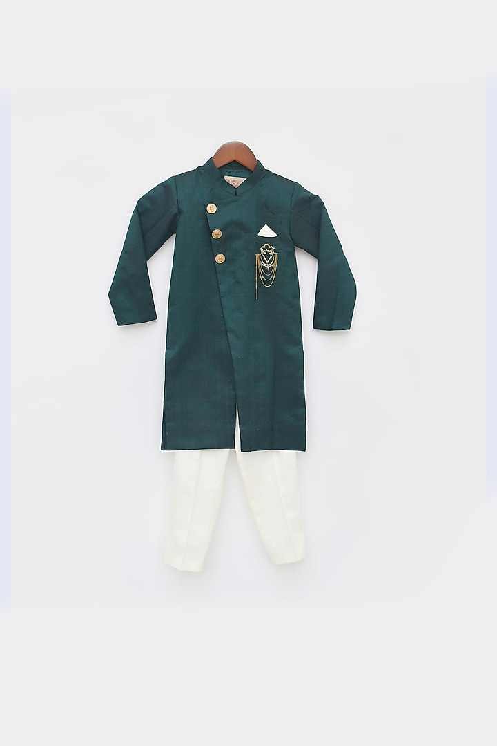 Green Silk Achkan Set For Boys by Fayon Kids at Pernia's Pop Up Shop