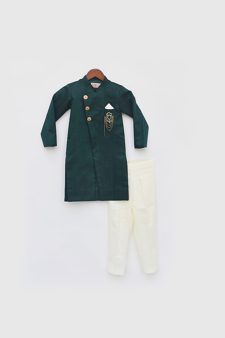 Green Silk Achkan Set For Boys by Fayon Kids at Pernia's Pop Up Shop