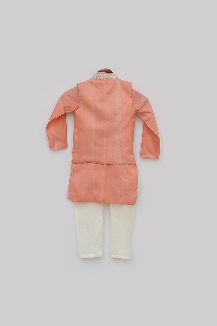 Peach Embroidered Bundi Jacket Set For Boys by Fayon Kids at Pernia's Pop Up Shop