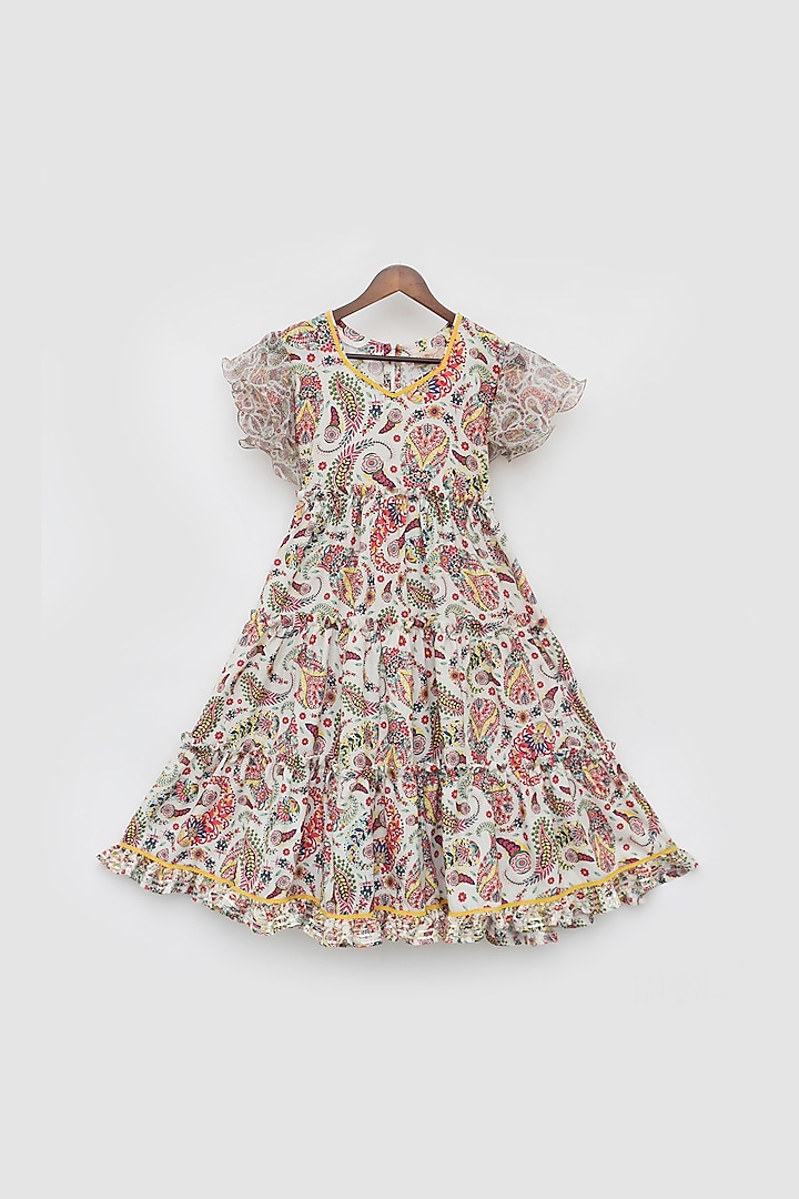 Off-White Cotton Printed Dress For Girls by Fayon Kids at Pernia's Pop Up Shop