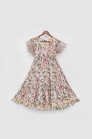 Off-White Cotton Printed Dress For Girls by Fayon Kids