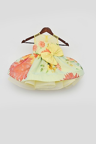 Yellow & Blue Organza Printed Dress For Girls by Fayon Kids