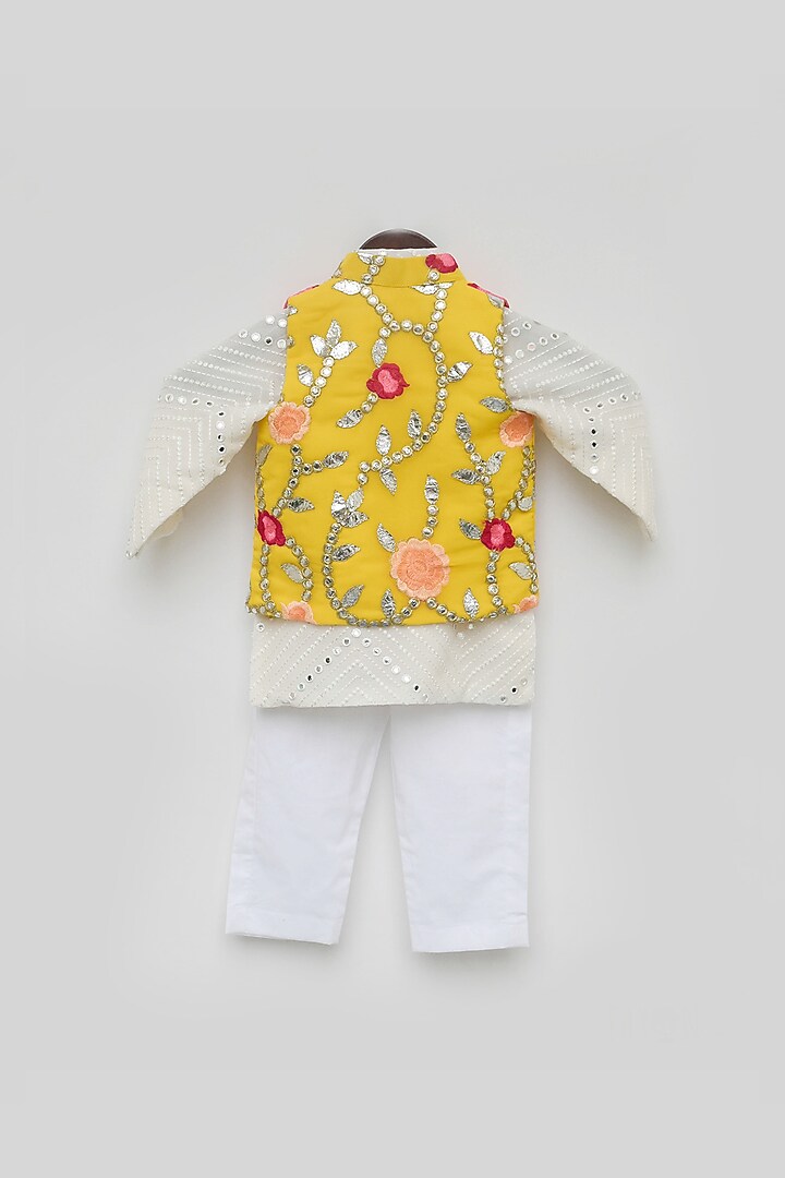 Yellow Embroidered Bundi Jacket With Kurta Set For Boys by Fayon Kids at Pernia's Pop Up Shop