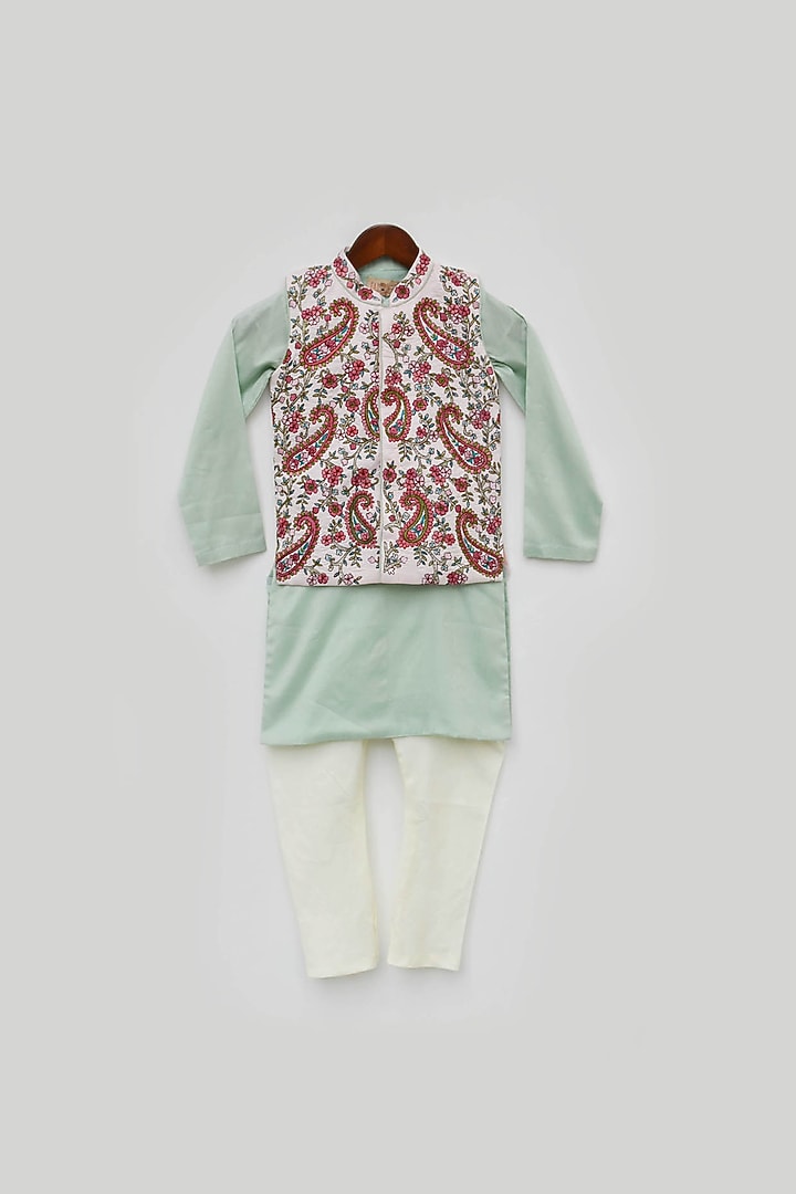 Pink Embroidered Bundi Jacket With Kurta Set For Boys by Fayon Kids at Pernia's Pop Up Shop