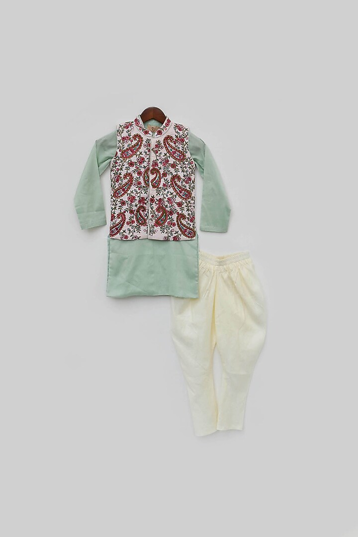 Pink Cotton Silk Embroidered Bundi Jacket Set For Boys by Fayon Kids at Pernia's Pop Up Shop