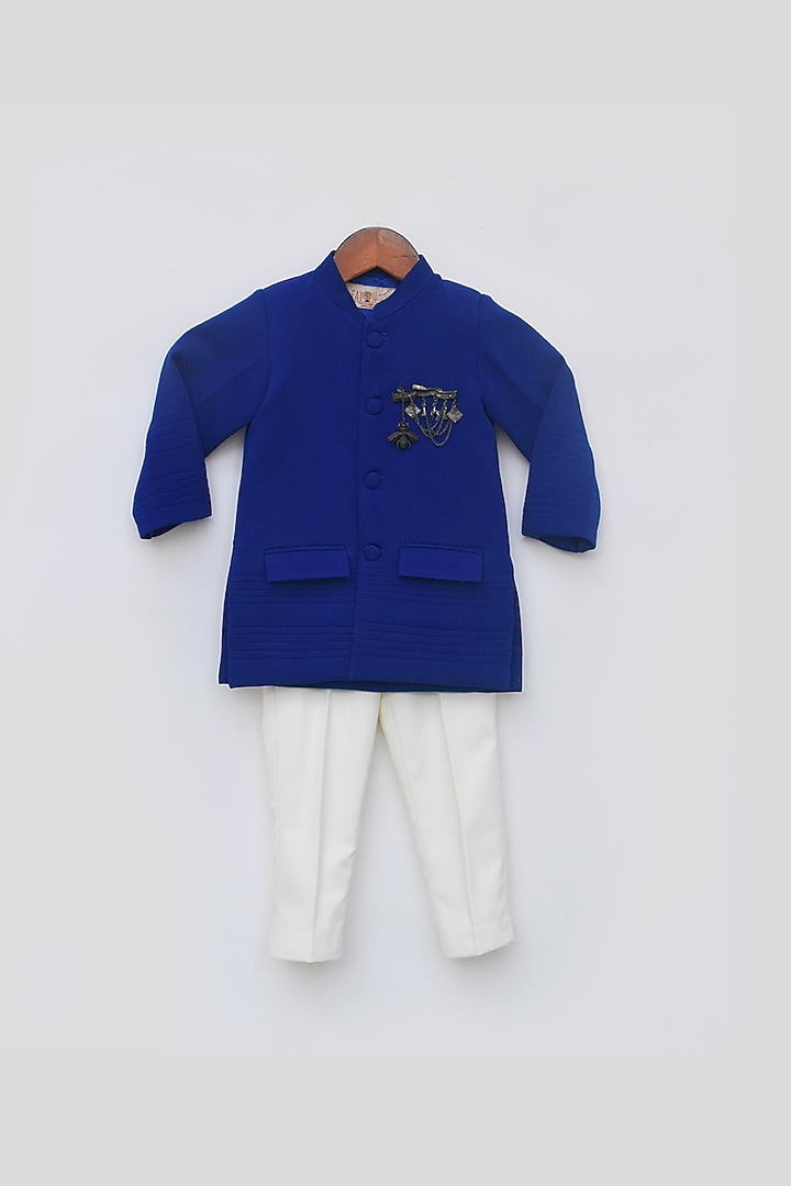 Blue Crepe Bandhgala Jacket Set For Boys by Fayon Kids at Pernia's Pop Up Shop