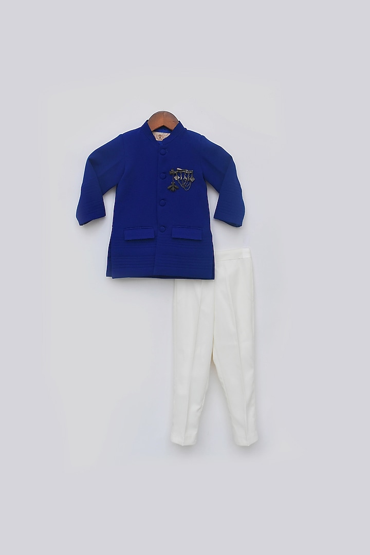 Blue Crepe Bandhgala Jacket Set For Boys by Fayon Kids at Pernia's Pop Up Shop
