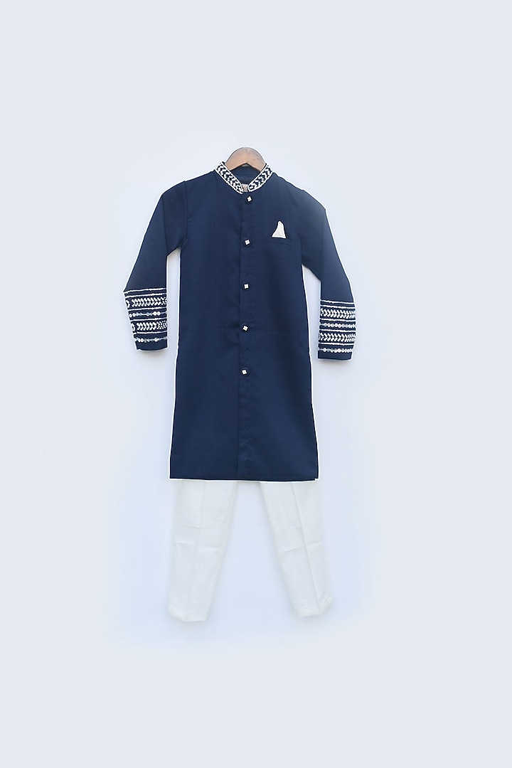 Blue Silk Embroidered Achkan Set For Boys by Fayon Kids at Pernia's Pop Up Shop