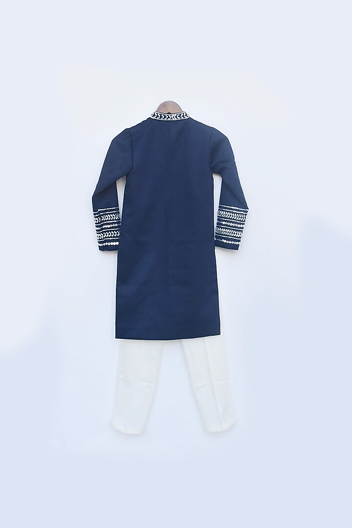 Blue Silk Embroidered Achkan Set For Boys by Fayon Kids at Pernia's Pop Up Shop