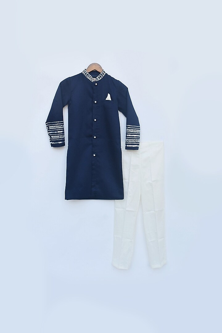 Blue Silk Embroidered Achkan Set For Boys by Fayon Kids at Pernia's Pop Up Shop