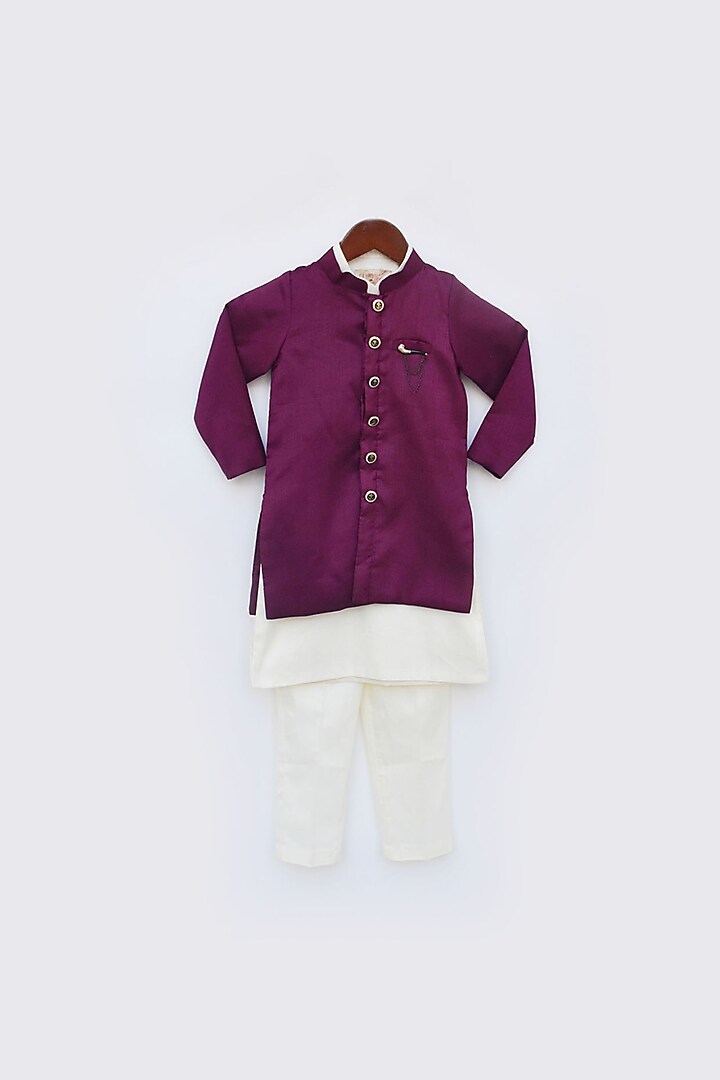 Wine Silk Bundi Jacket Set For Boys by Fayon Kids at Pernia's Pop Up Shop
