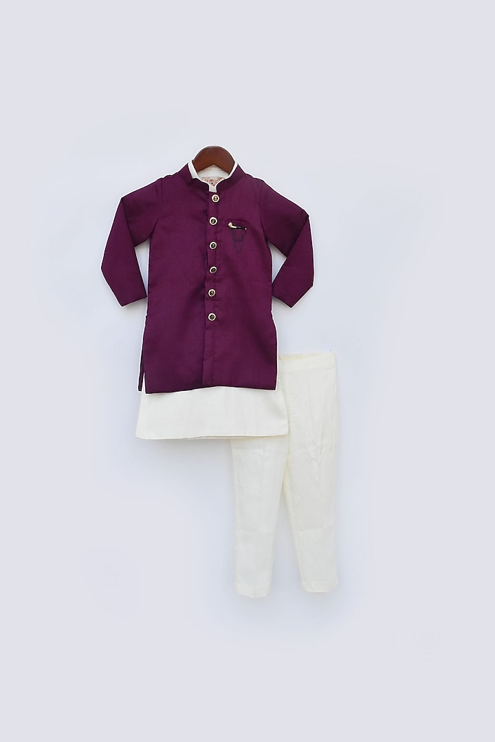Wine Silk Bundi Jacket Set For Boys by Fayon Kids at Pernia's Pop Up Shop