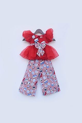 Red Cotton Printed Pant Set For Girls by Fayon Kids