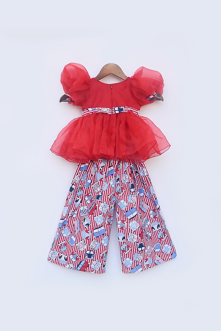 Red Cotton Printed Pant Set For Girls by Fayon Kids at Pernia's Pop Up Shop