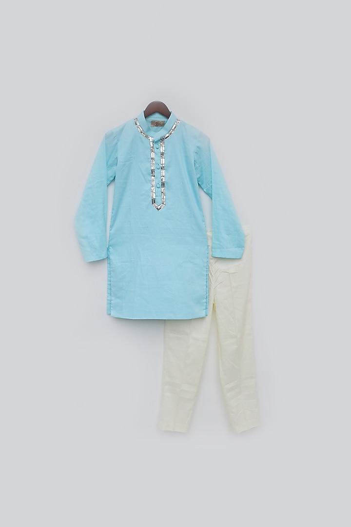 Blue Cotton Silk Kurta Set For Boys by Fayon Kids at Pernia's Pop Up Shop