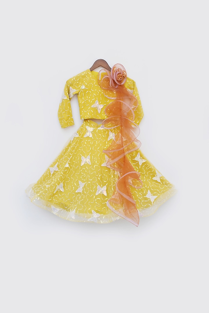 Mustard Yellow Net Lehenga Set For Girls by Fayon Kids at Pernia's Pop Up Shop