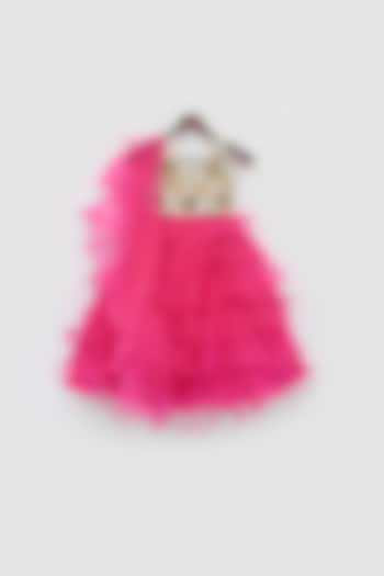 Pink Organza Layered Lehenga Set For Girls by Fayon Kids