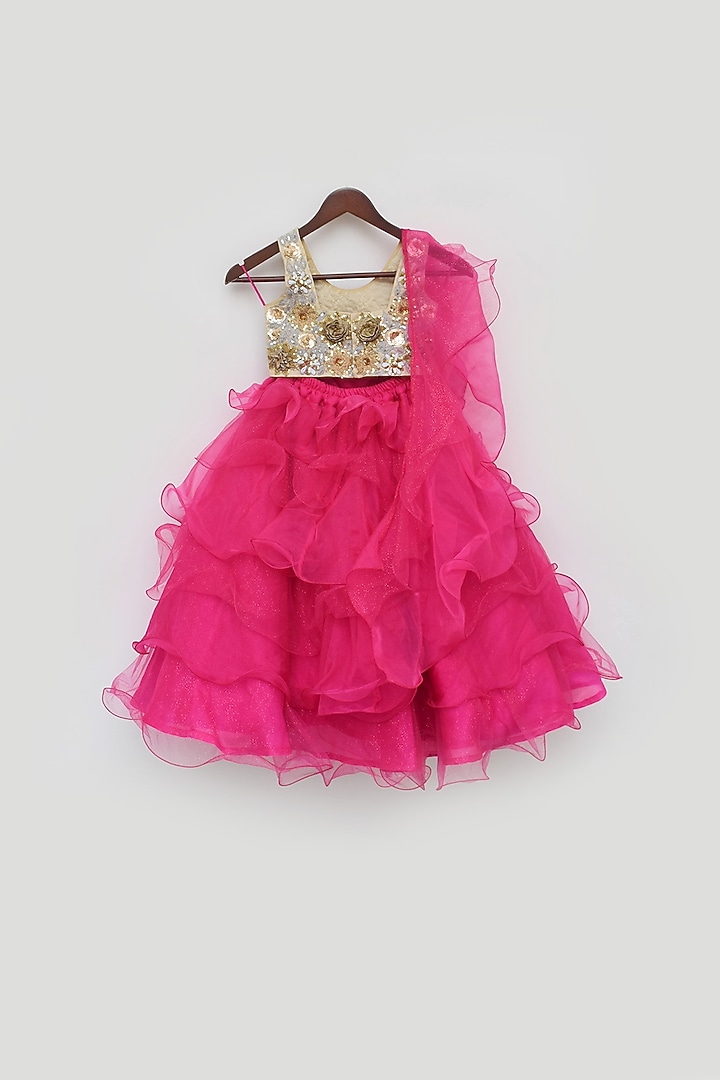 Pink Organza Layered Lehenga Set For Girls by Fayon Kids at Pernia's Pop Up Shop
