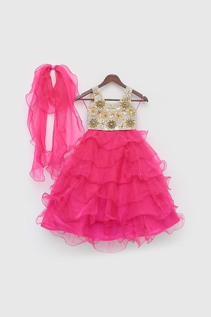 Pink Organza Layered Lehenga Set For Girls by Fayon Kids at Pernia's Pop Up Shop