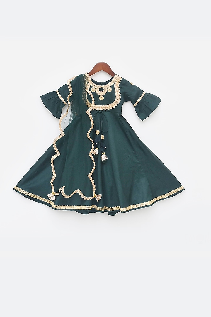 Green Cotton Silk Anarkali Set For Girls by Fayon Kids