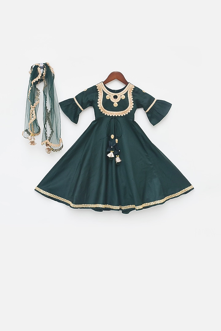 Green Cotton Silk Embroidered Anarkali Set For Girls by Fayon Kids at Pernia's Pop Up Shop
