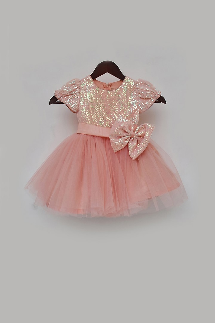 Peach Dress With Sequins Detailing For Girls by Fayon Kids at Pernia's Pop Up Shop