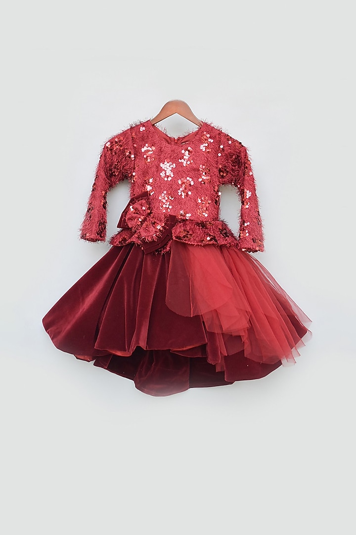 Maroon Dress With Sequins Detailing For Girls by Fayon Kids at Pernia's Pop Up Shop