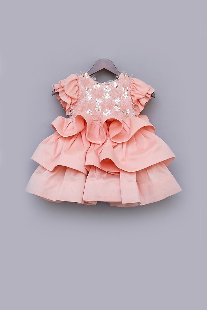 Peach Sequins Embroidered Dress For Girls by Fayon Kids at Pernia's Pop Up Shop