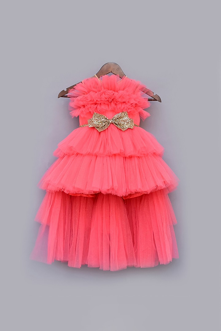 Pink Net & Chroma Silk Frilled Gown For Girls by Fayon Kids at Pernia's Pop Up Shop
