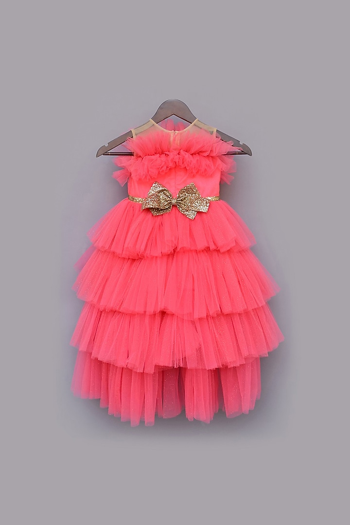 Pink Net & Chroma Silk Frilled Gown For Girls by Fayon Kids at Pernia's Pop Up Shop