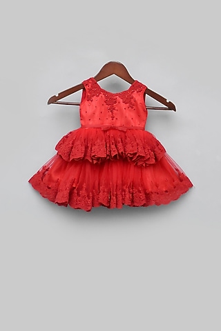 Red Embroidered Dress For Girls by Fayon Kids