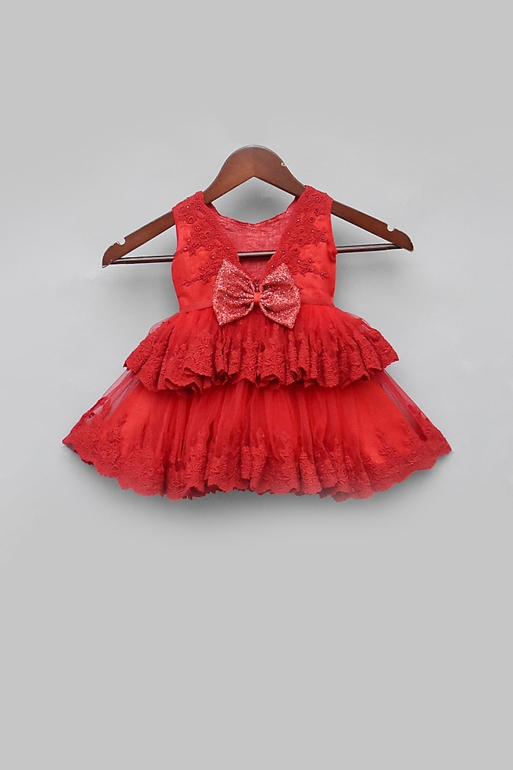 Red Embroidered Dress For Girls by Fayon Kids at Pernia's Pop Up Shop
