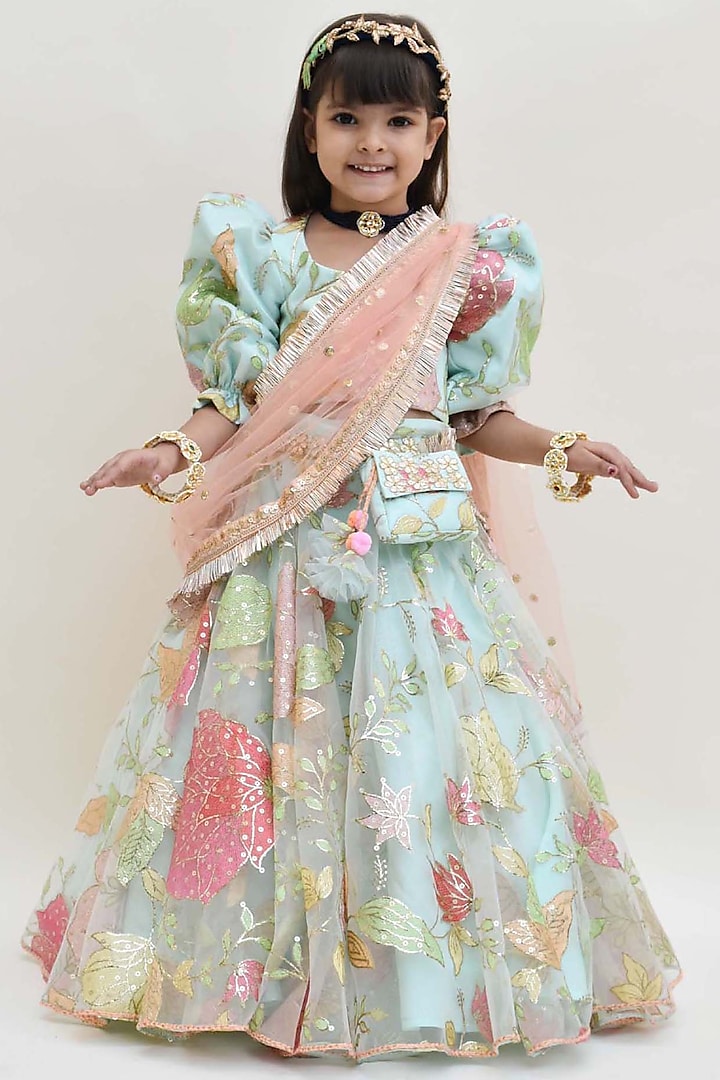 Frozen Mint Embroidered Lehenga Set For Girls by Fayon Kids
