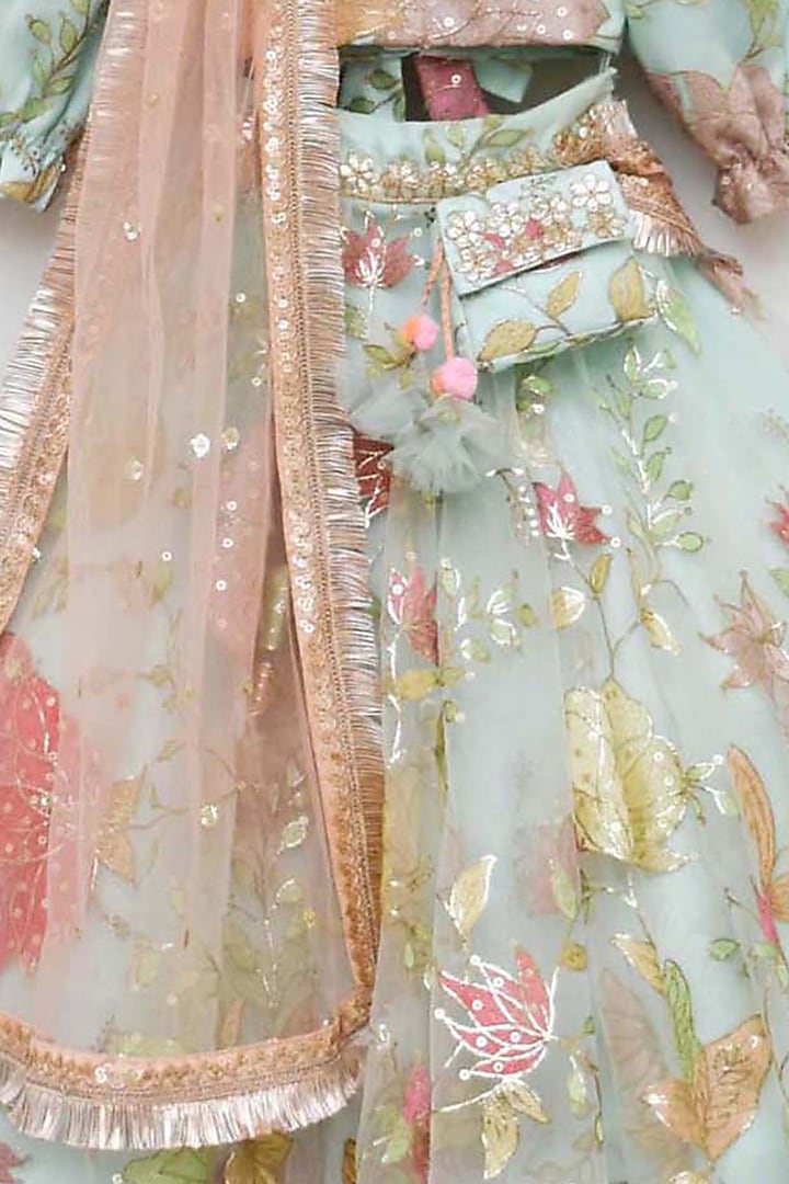 Frozen Mint Embroidered Lehenga Set For Girls by Fayon Kids at Pernia's Pop Up Shop