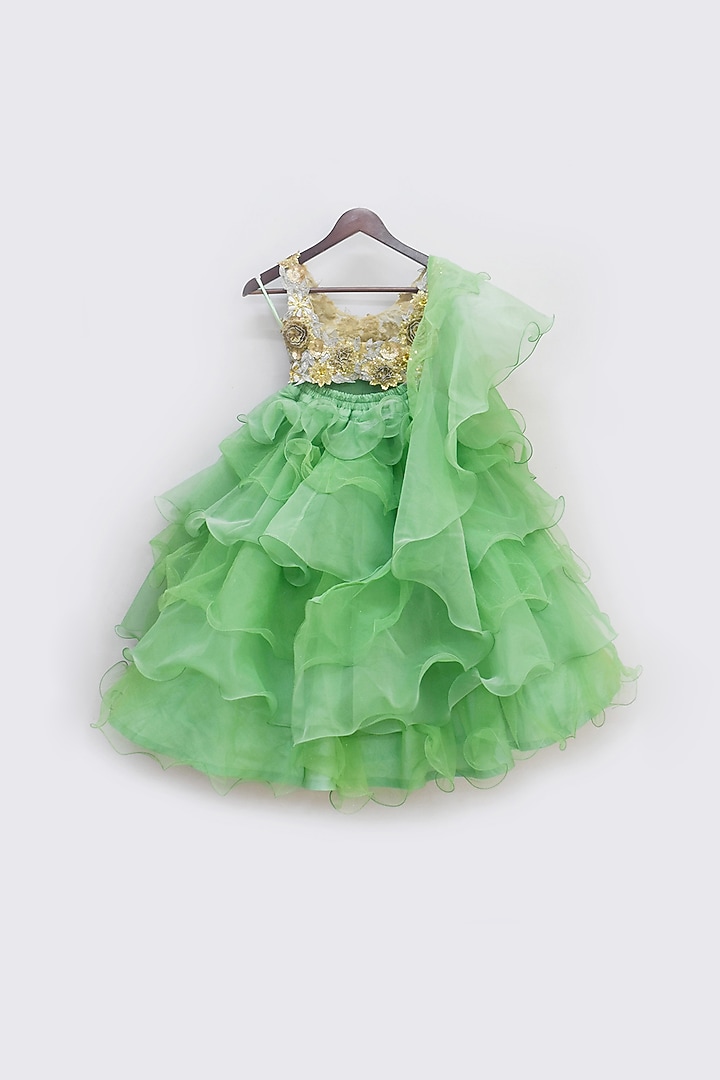 Ceramic Green Organza Shimmer Layered Lehenga Set For Girls by Fayon Kids at Pernia's Pop Up Shop