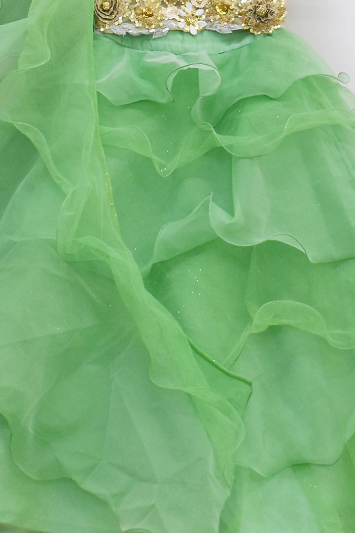 Ceramic Green Organza Shimmer Layered Lehenga Set For Girls by Fayon Kids at Pernia's Pop Up Shop