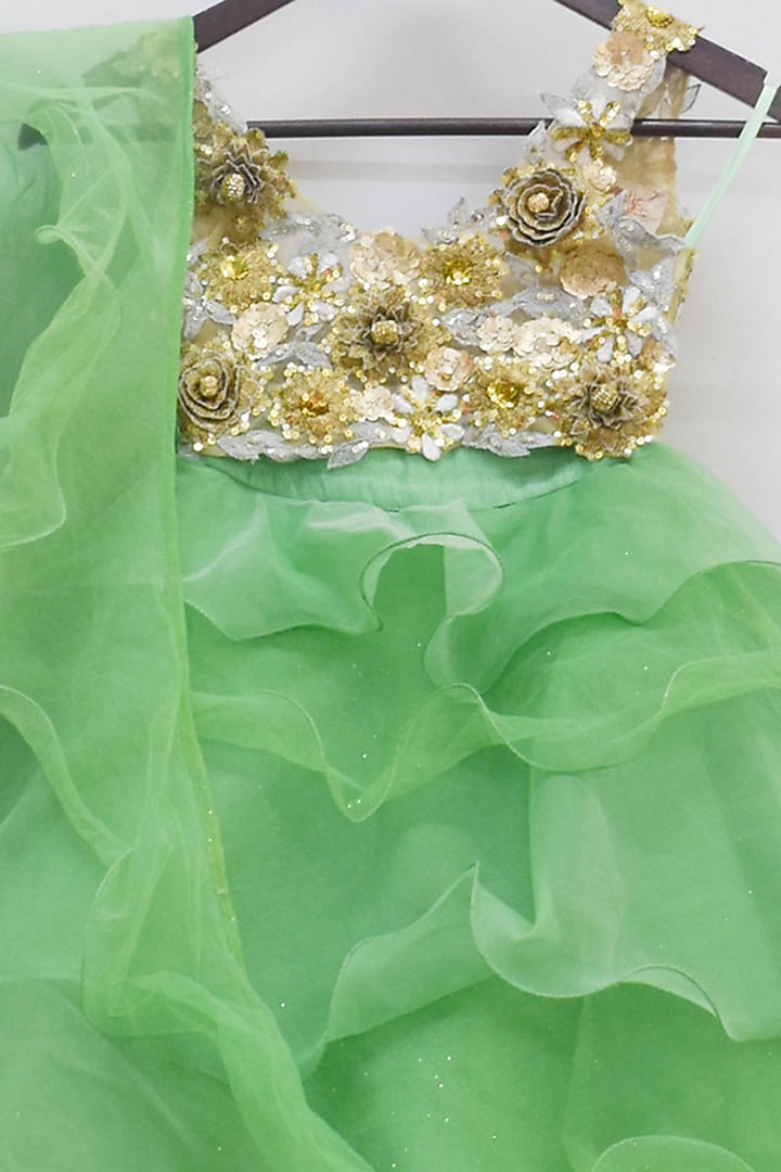 Ceramic Green Organza Shimmer Layered Lehenga Set For Girls by Fayon Kids at Pernia's Pop Up Shop